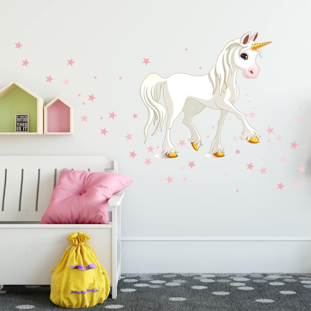 Samolepky na zeď pro holčičky - Bílý jednorožec s růžovými hvězdami